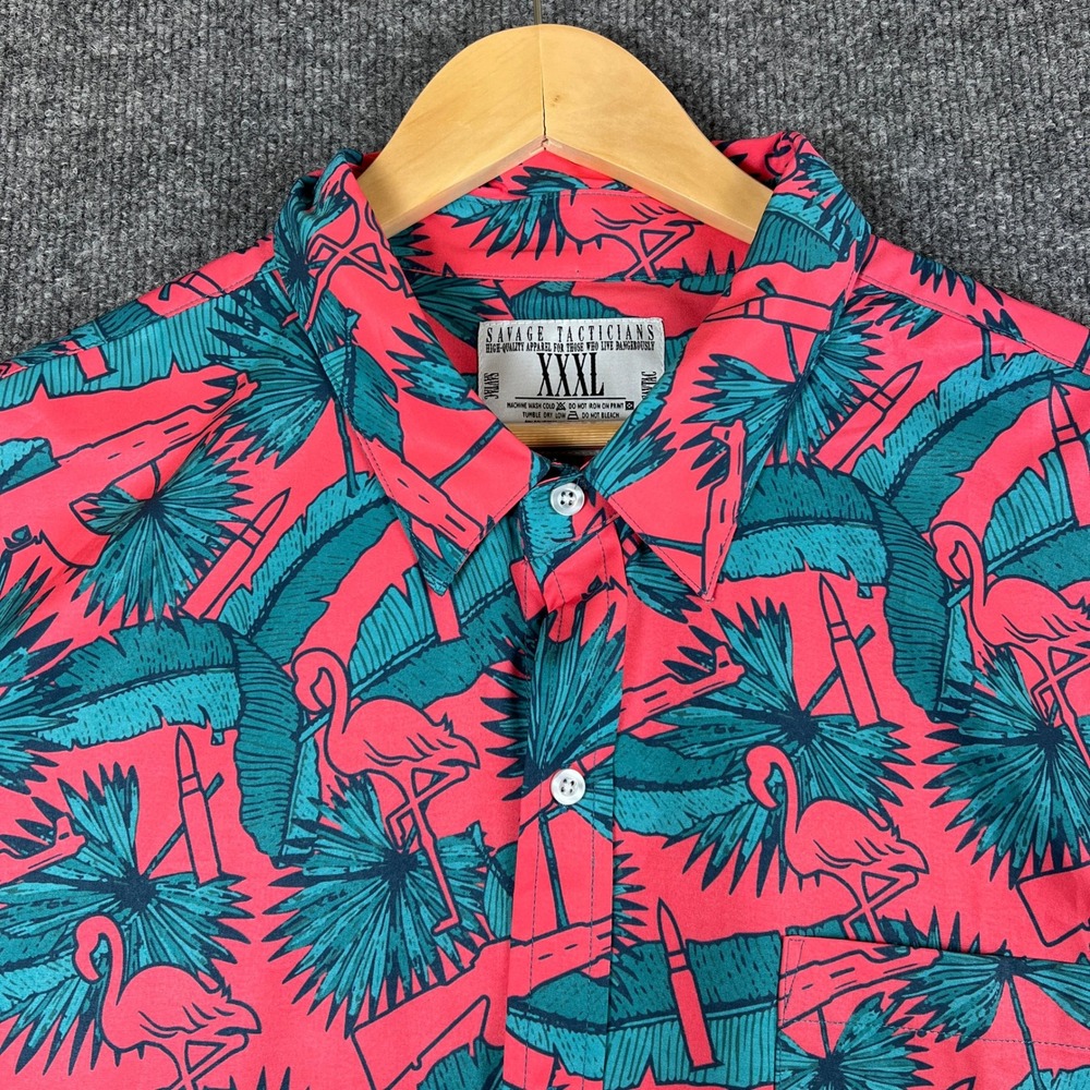 Savage Tacticians Button Up Shirt Mens 3XL AK Tropical Pink Flamingos AK47 Guns - Picture 4 of 8